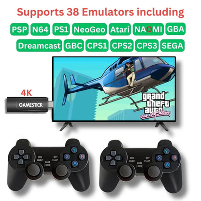 K8 Premium 4K Gaming Stick with Two Wireless Controllers and 40,000+ Games | GTA, Tekken 5, Spiderman 2